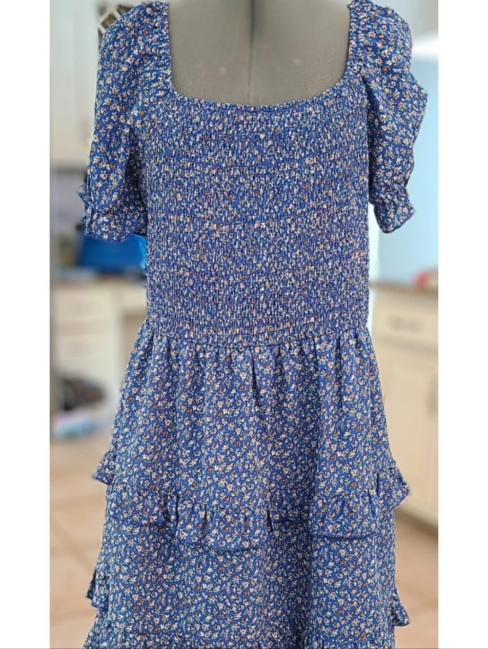 Blue Floral Smocked Tiered Midi Dress